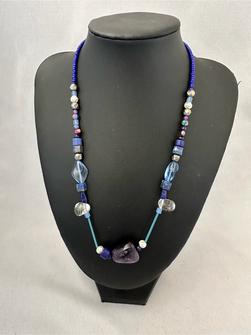 Handcrafted Blue Bead and Amethyst Pendant Necklace